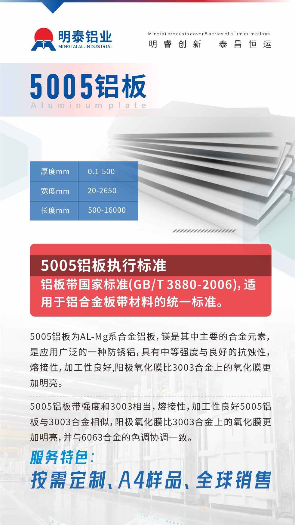 產(chǎn)品介紹

5005鋁板為AL-Mg系合金鋁板，鎂是其中主要的合金元素，是應(yīng)用廣泛的一種防銹鋁，具有中等強(qiáng)度與良好的抗蝕性，熔接性，加工性良好,陽(yáng)極氧化膜比3003合金上的氧化膜更加明亮。

5005鋁板帶強(qiáng)度和3003相當(dāng)，熔接性，加工性良好5005鋁板與3003合金相似，陽(yáng)極氧化膜比3003合金上的氧化膜更加明亮，并與6063合金的色調(diào)協(xié)調(diào)一致。服務(wù)特色：按需定制、A4樣品、全球銷售!

