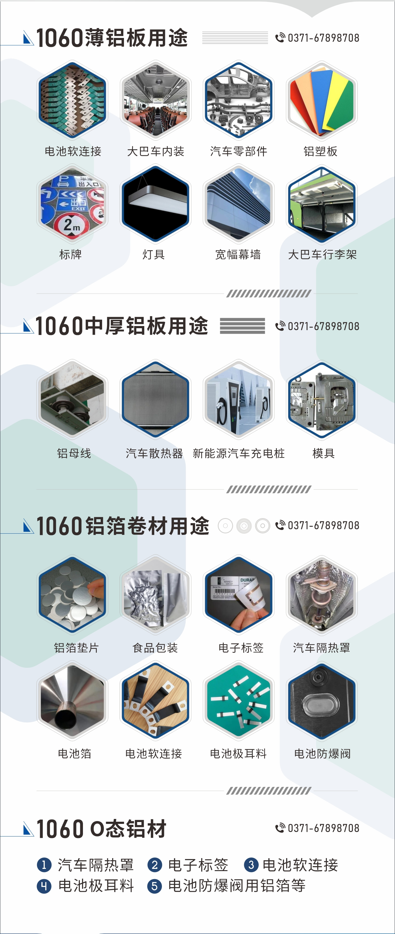 1060鋁板卷用途
　　1060鋁薄板用途： 電池軟連接、大巴車(chē)內(nèi)裝、汽車(chē)零部件、鋁塑板、標(biāo)牌、燈具、寬幅幕墻、大巴車(chē)行李架/地板/花紋板(宇通公司使用)等;1060中厚鋁板用途：鋁母線、汽車(chē)散熱器、新能源汽車(chē)充電樁、模具等;1060鋁箔卷材用途：鋁箔墊片、食品包裝、電子標(biāo)簽、汽車(chē)隔熱罩用鋁箔、電池箔、電池軟連接、電池極耳料、電池防爆閥等;1060-O態(tài)鋁材用途：汽車(chē)隔熱罩、電子標(biāo)簽、電池軟連接、電池極耳料、電池防爆閥用鋁箔等;1060鋁板多少錢(qián)1噸.1060鋁板價(jià)格=發(fā)貨當(dāng)天長(zhǎng)江鋁錠價(jià)+加工費(fèi)